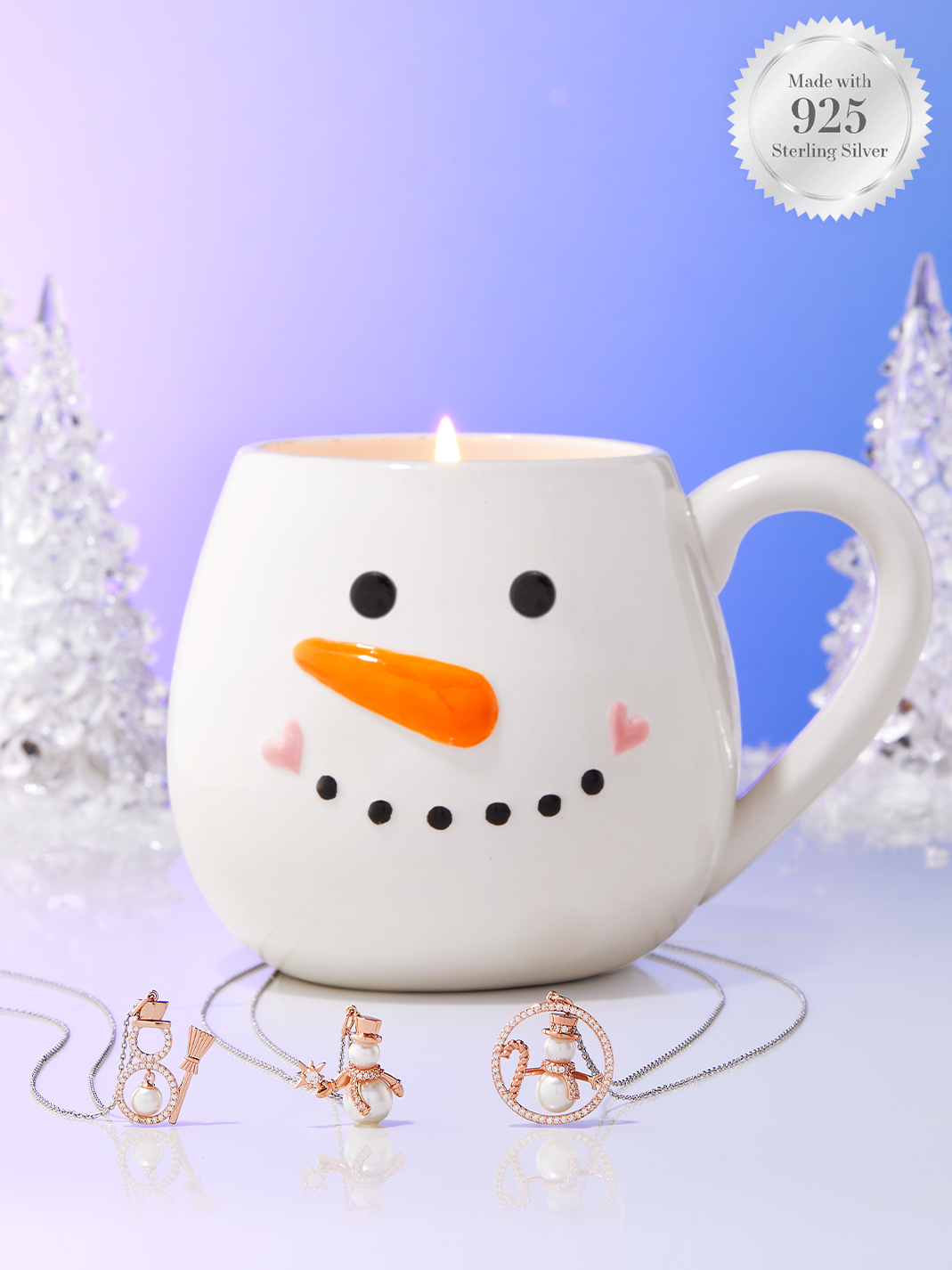 Snowman Mug Candle - 925 Sterling Silver Pearl Snowman Necklace Collection