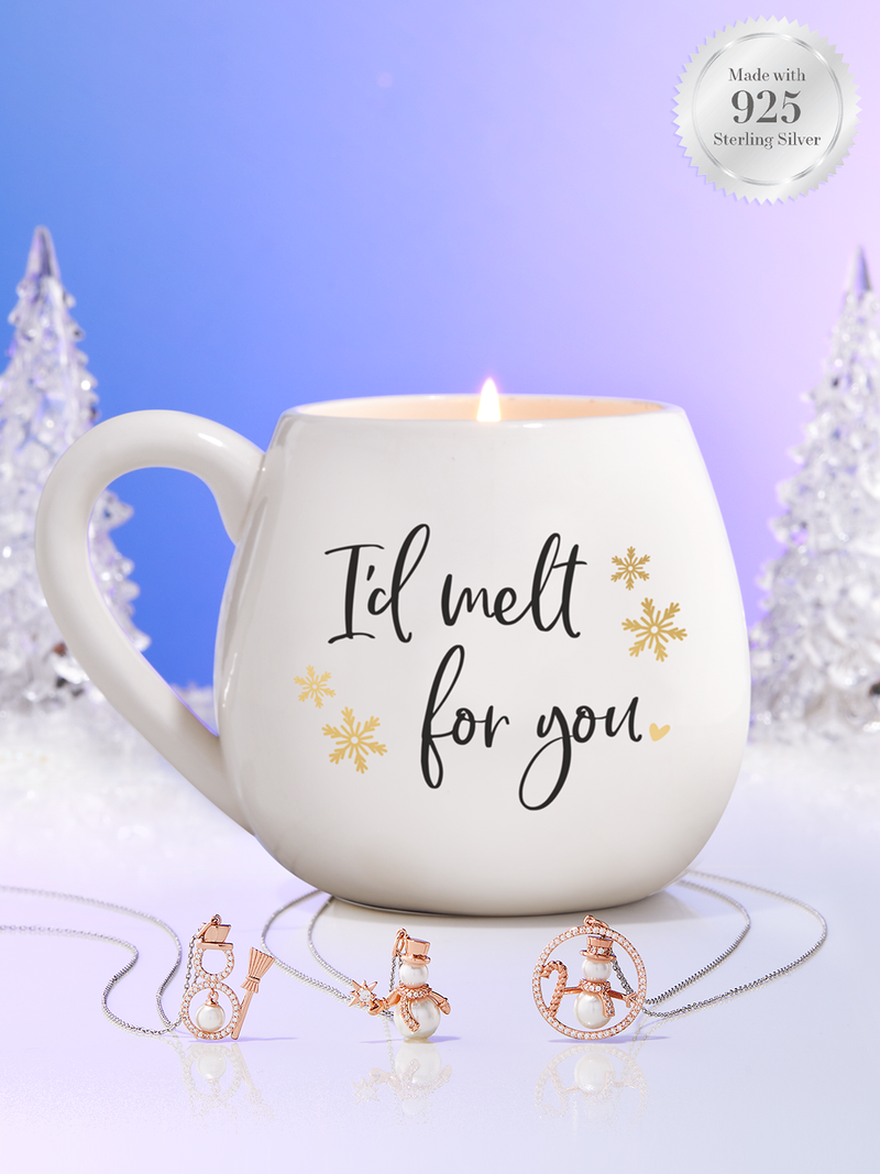 Snowman Mug Candle - 925 Sterling Silver Pearl Snowman Necklace Collection