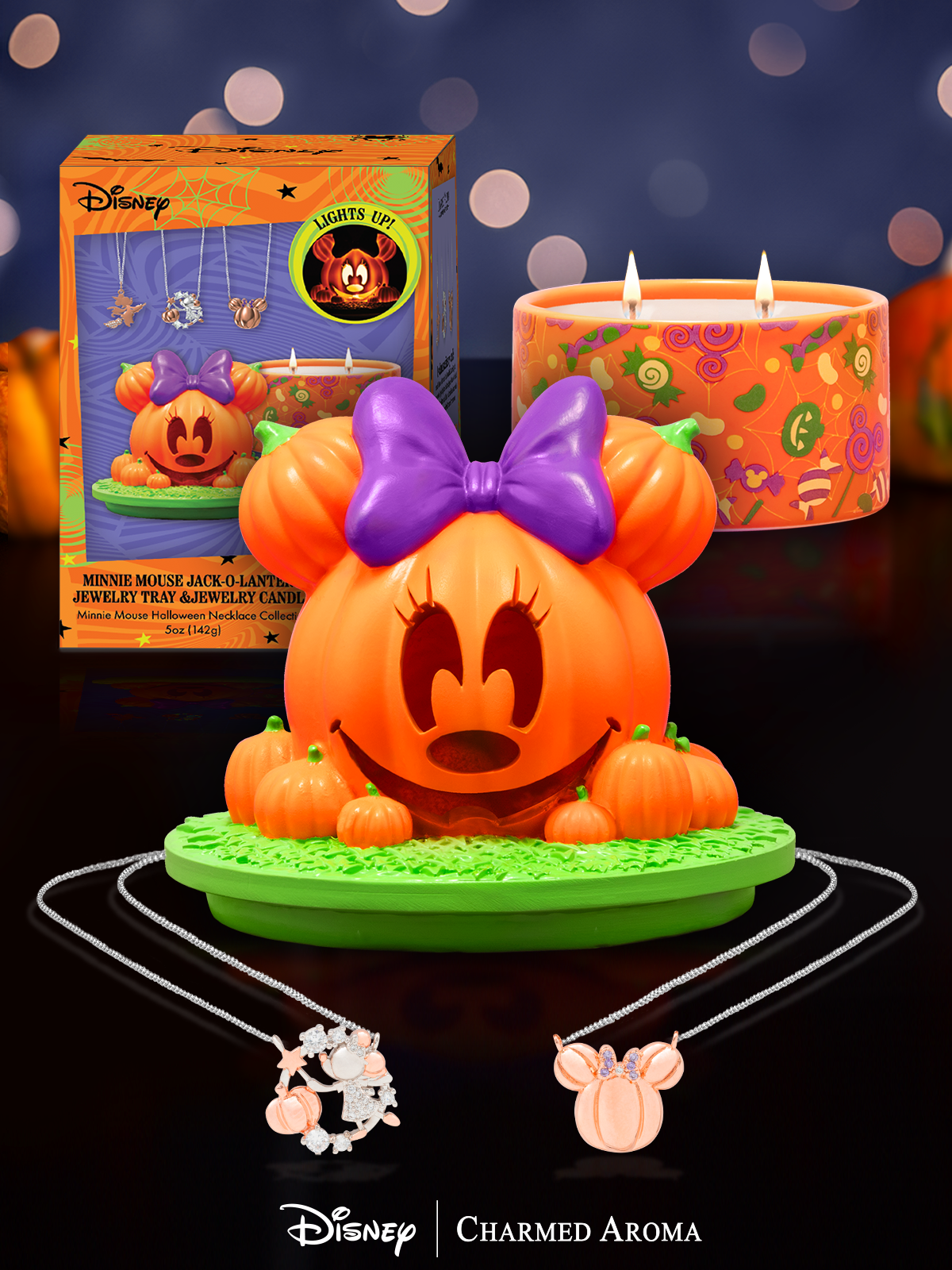 Disney® Minnie Mouse Light Up Jack-O-Lantern Candle and Jewelry Tray - Minnie Mouse Halloween Necklace Collection