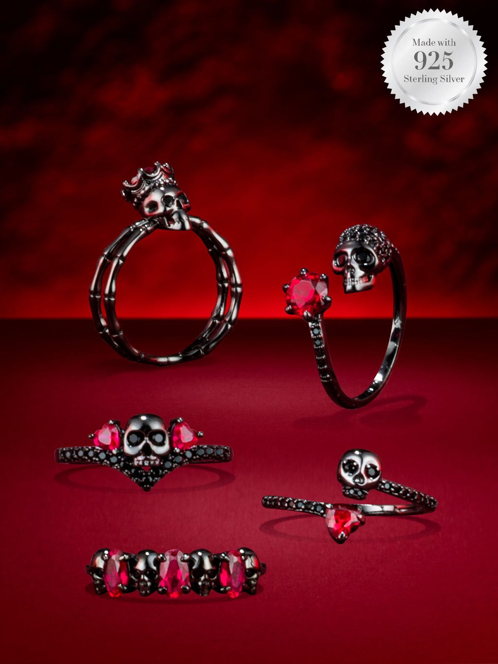 Blood Red Plum Skull Candle - 925 Sterling Silver Black Skull Ring Collection