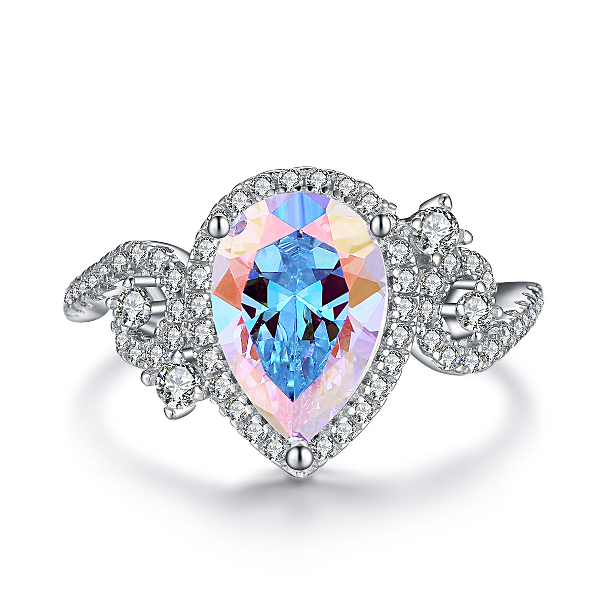 Sophia Aurora Borealis Halo Pear-Cut Ring Sterling Silver