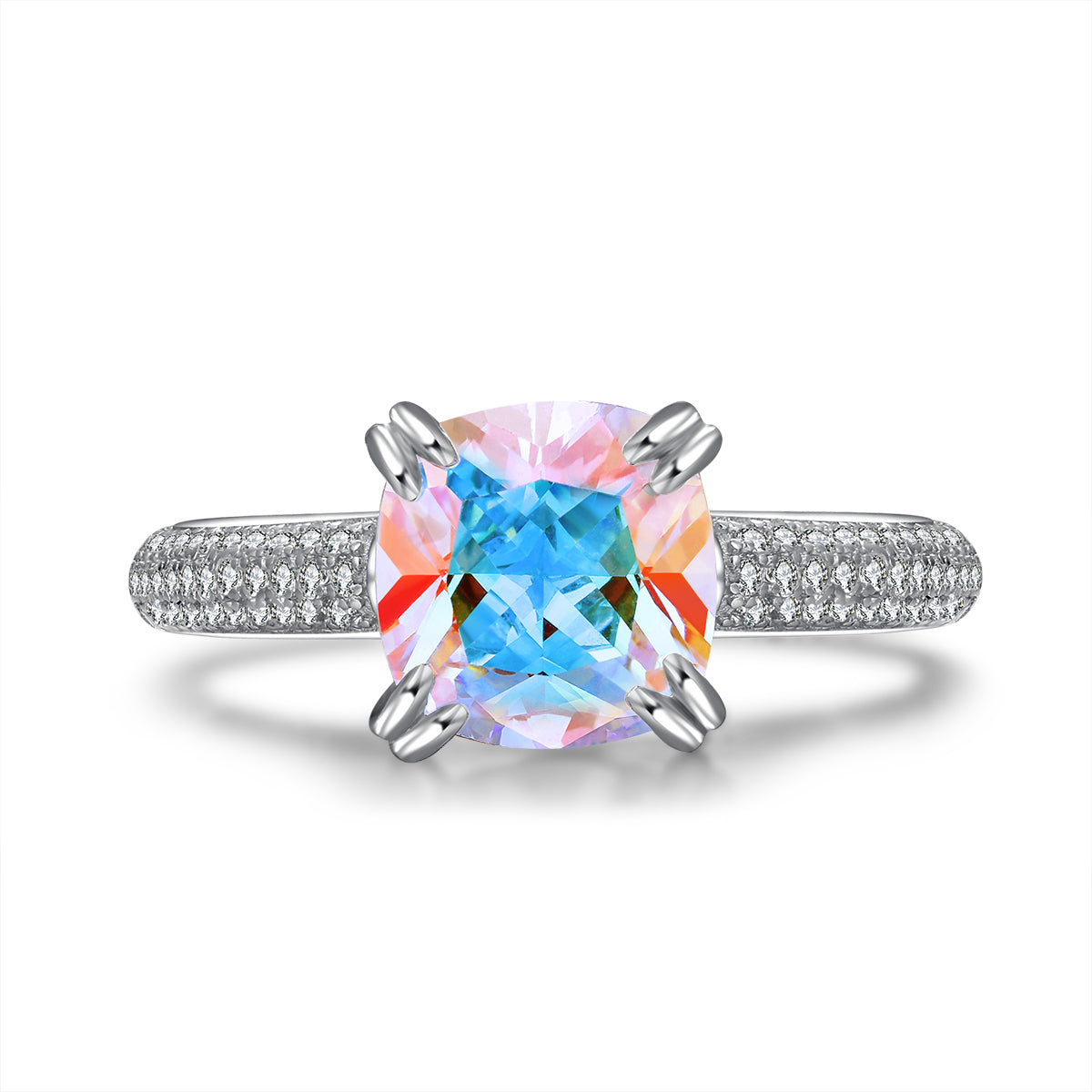 Crystale Aurora Borealis Cushion-Cut Ring Sterling Silver