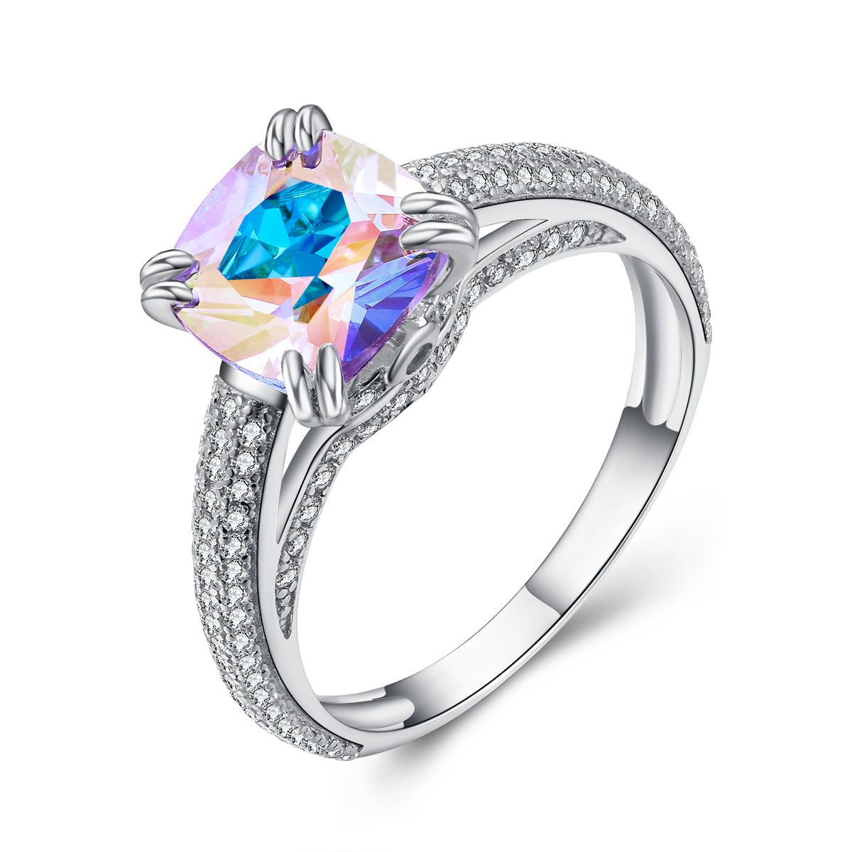 Crystale Aurora Borealis Cushion-Cut Ring Sterling Silver