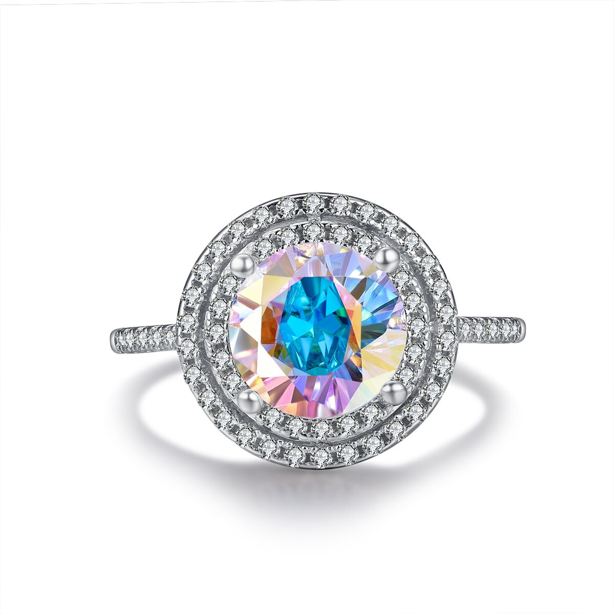 Everlast Aurora Borealis Double Halo Round-Cut Ring Sterling Silver