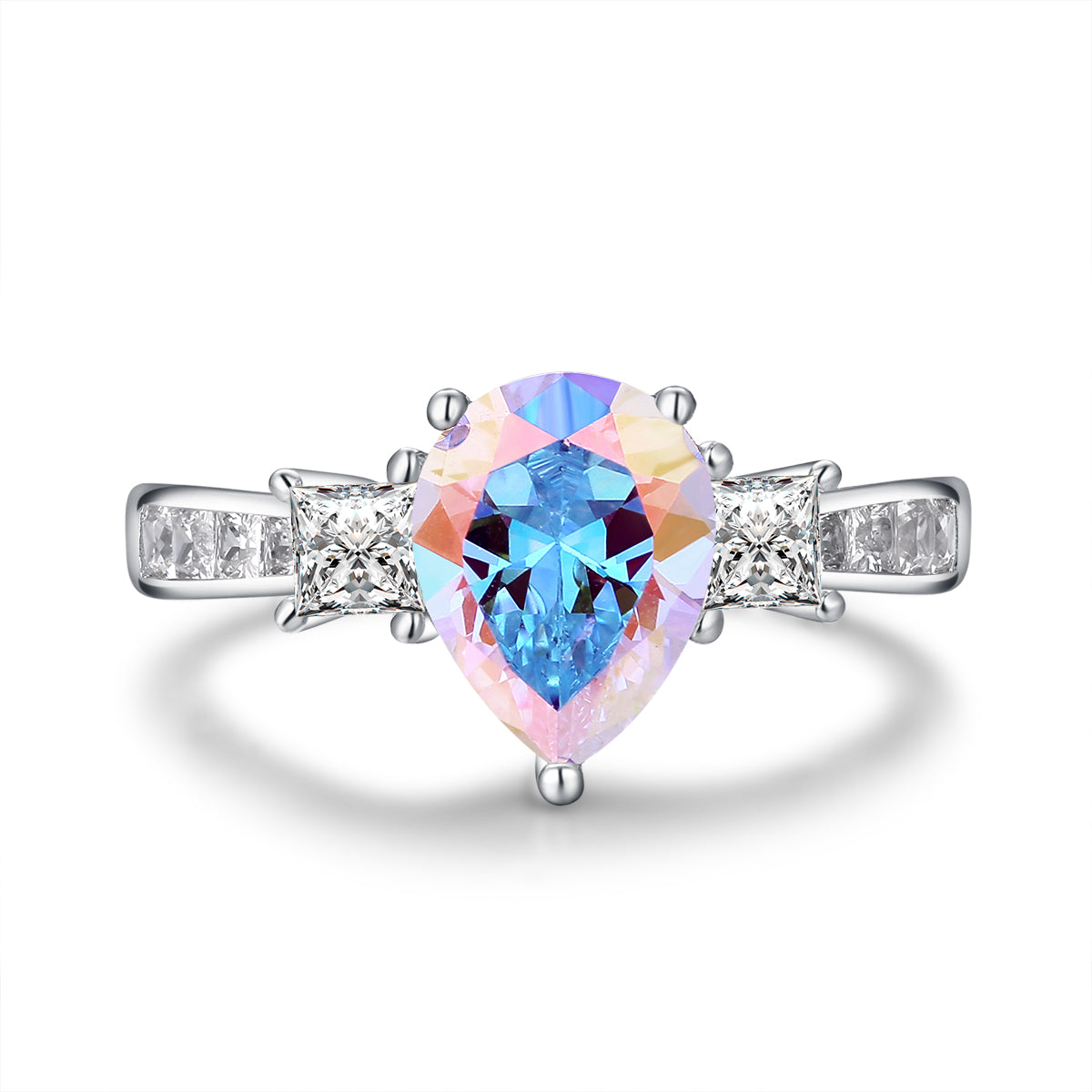 "Prism" Aurora Borealis Three Stone Pear-Cut Ring Sterling Silver
