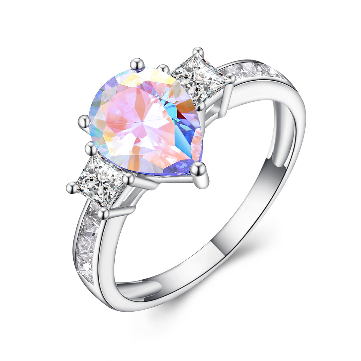 Prism Aurora Borealis Three Stone Pear-Cut Ring Sterling Silver