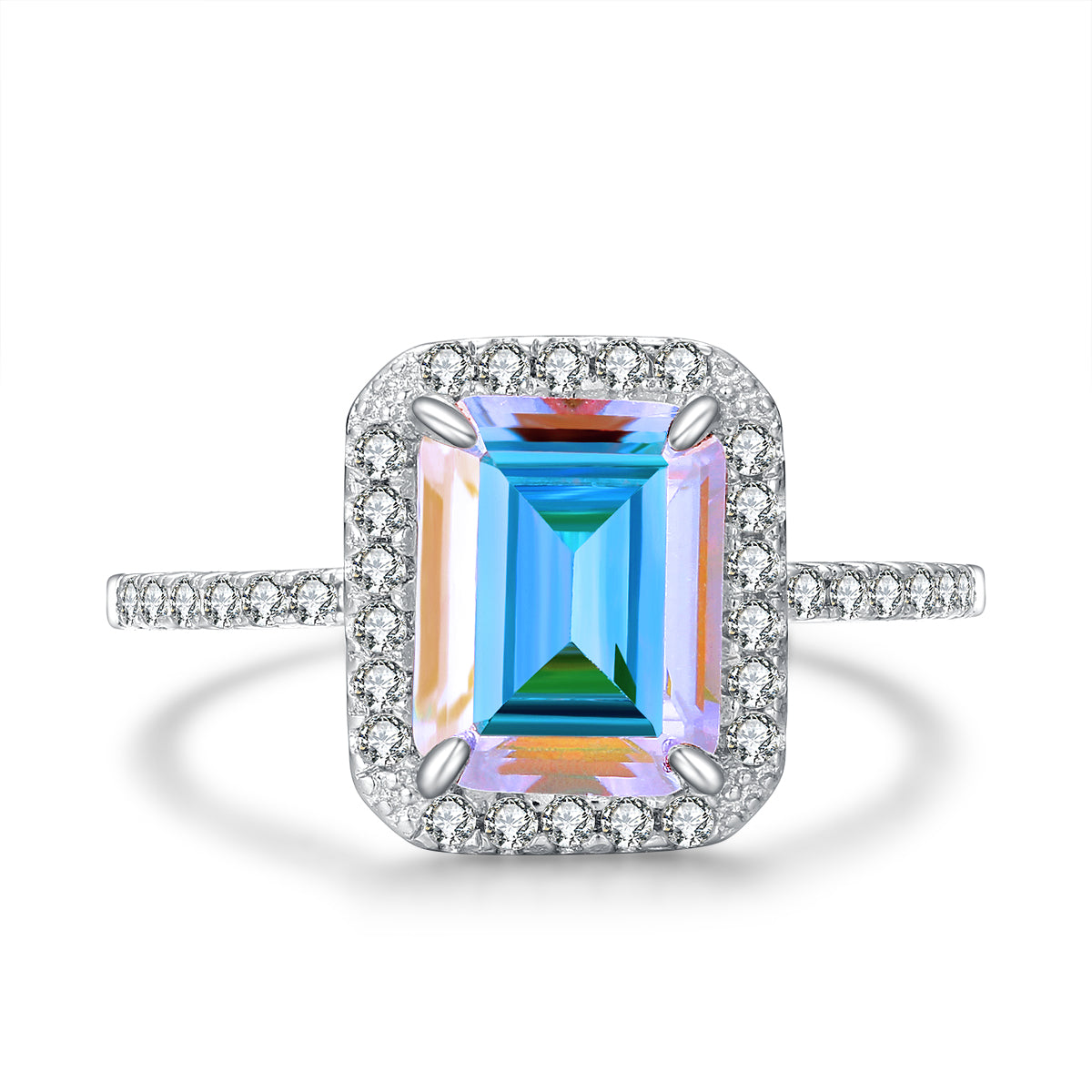 Glisten Aurora Borealis Halo Emerald-Cut Ring Sterling Silver