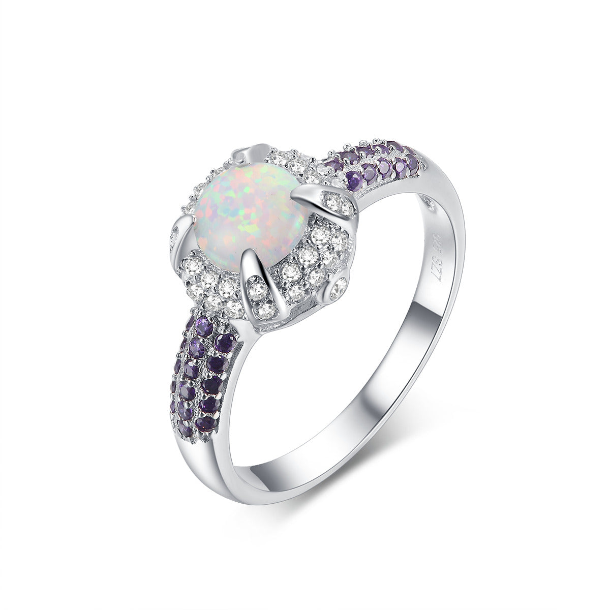 Aglow Opal Halo Round-Cut Ring Sterling Silver