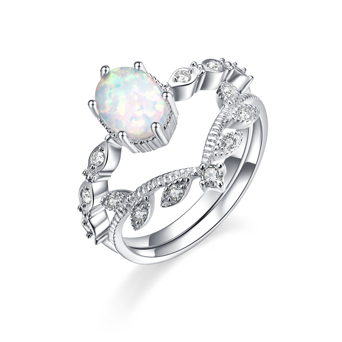 "Adorn" Opal Oval-Cut Two- Piece Stackable Ring Set Sterling Silver