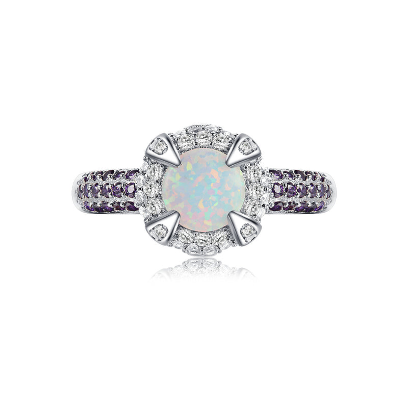 Aglow Opal Halo Round-Cut Ring in Sterling Silver