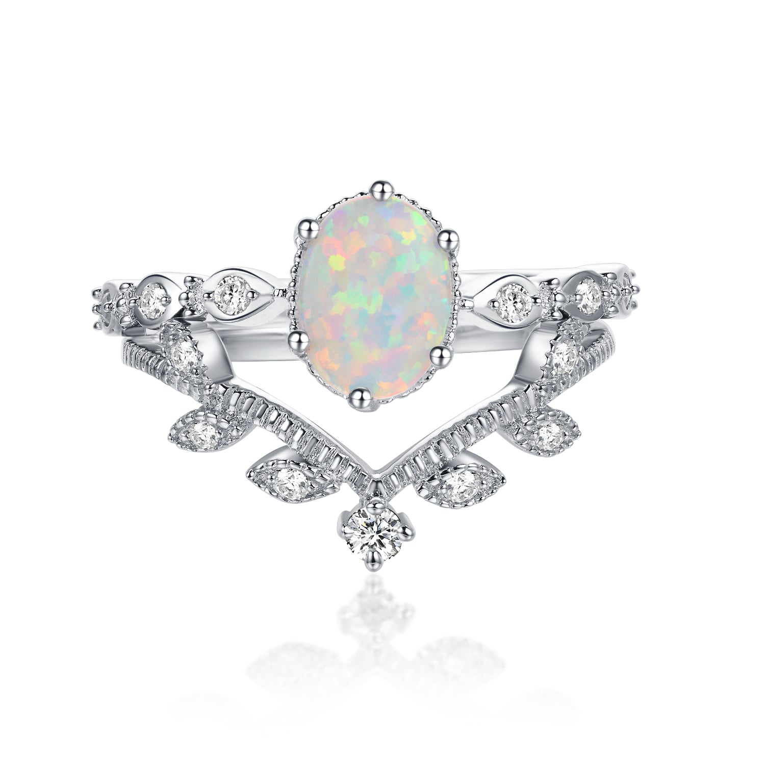 "Adorn" Opal Oval-Cut Two- Piece Stackable Ring Set Sterling Silver