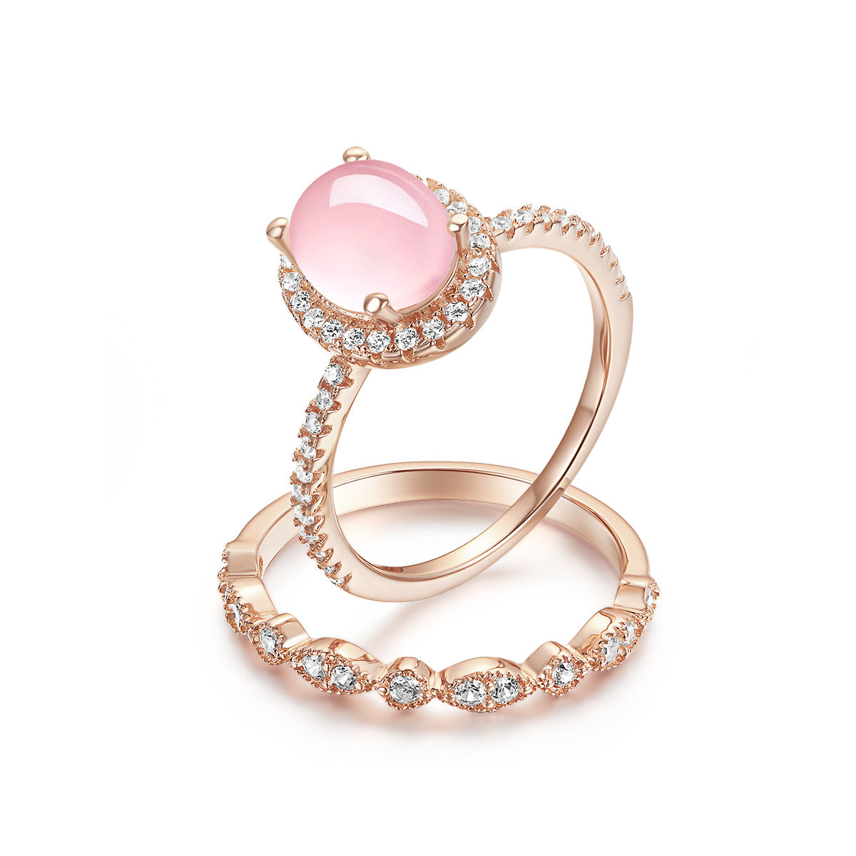 "Endear" Natural Rose Quartz Halo Oval-Cut Sterling Silver Two-Piece Stackable Ring Set Gold