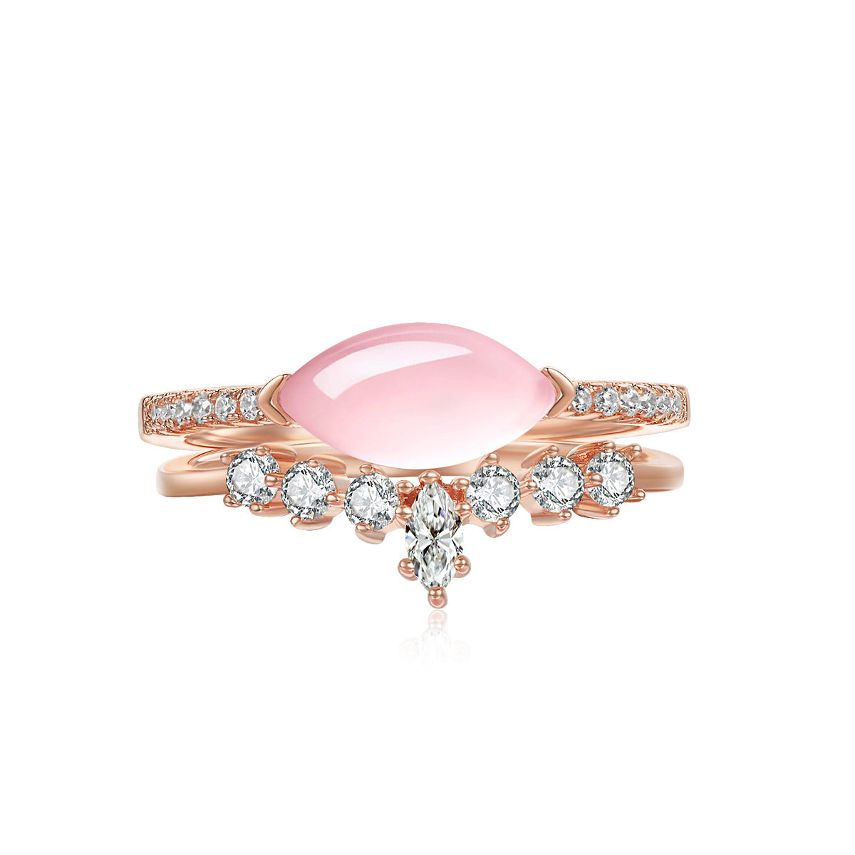 "Darling" Natural Rose Quartz East-West Horizontal Oval-Cut Sterling Silver Two-Piece Stackable Ring Set Gold