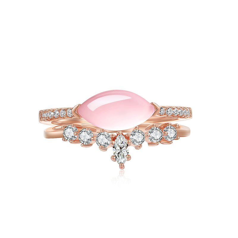 Darling Natural Rose Quartz East-West Horizontal Oval-Cut Sterling Silver Two-Piece Stackable Ring Set in Rose Gold