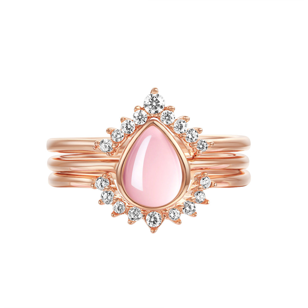 "Everafter" Natural Rose Quartz Oval-Cut Sterling Silver Three-Piece Stackable Ring Set Gold