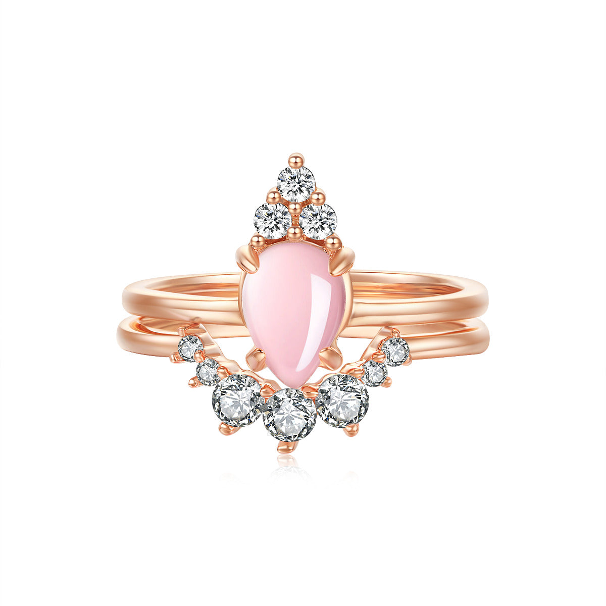 "Adore" Natural Rose Quartz Pear-Cut Sterling Silver Two-Piece Stackable Ring Set Gold