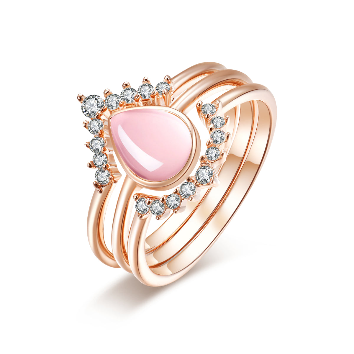 Everafter Natural Rose Quartz Oval-Cut Sterling Silver Three-Piece Stackable Ring Set Gold