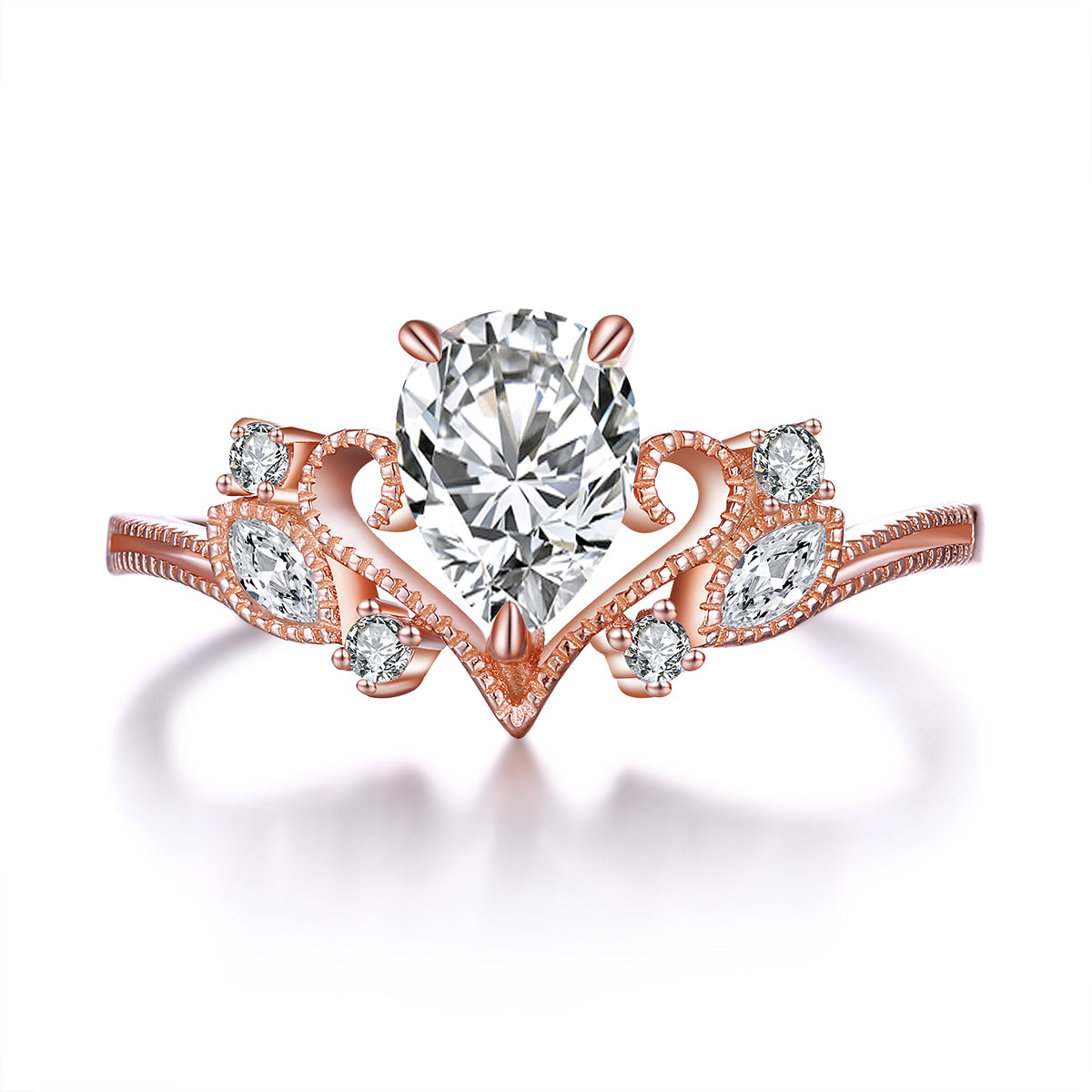 Inspire Princess Crown Tiara Pear Lab Created White Sapphire Ring Rose Gold Sterling Silver