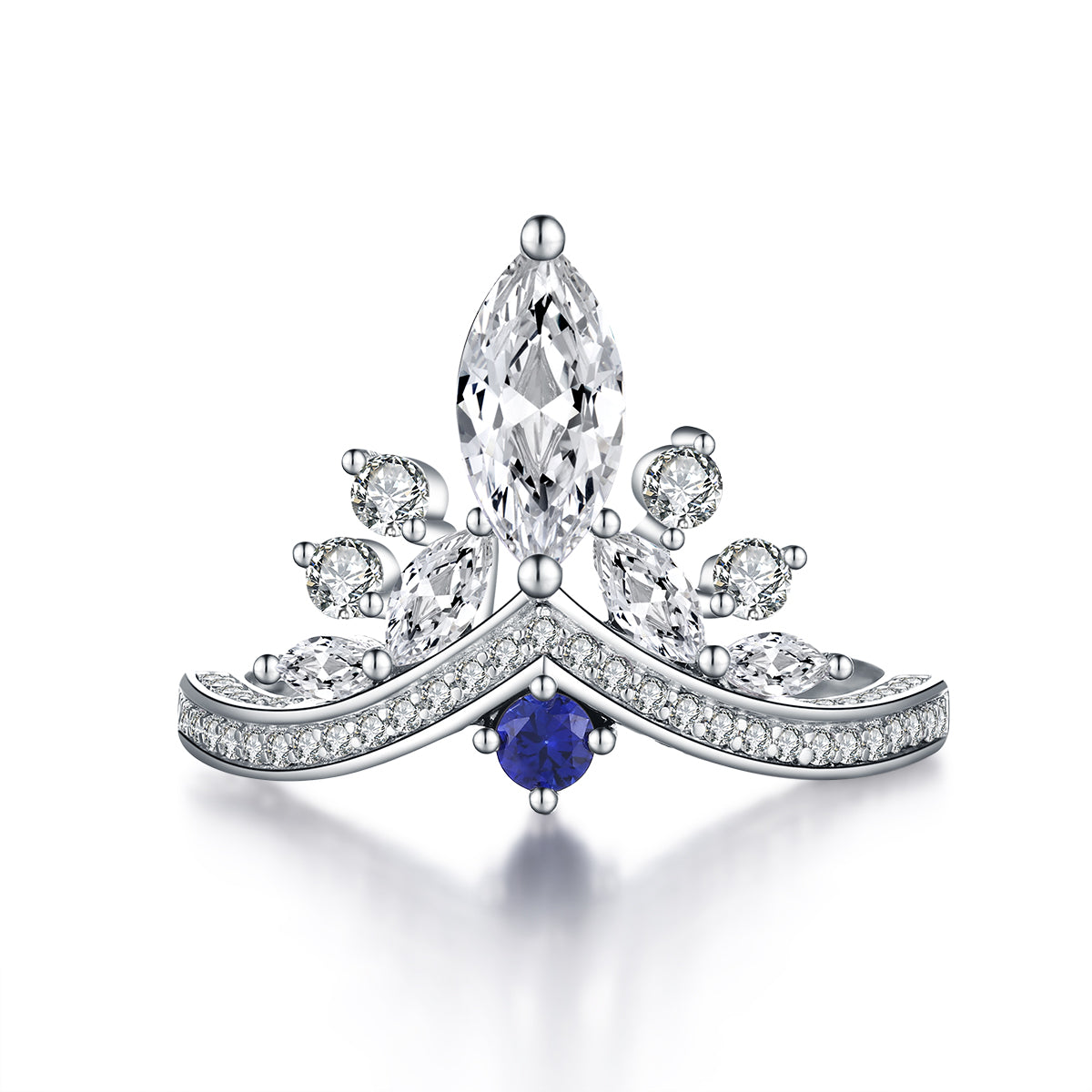 Belove Princess Crown Marquise Ring With Blue Sapphire Sterling Silver