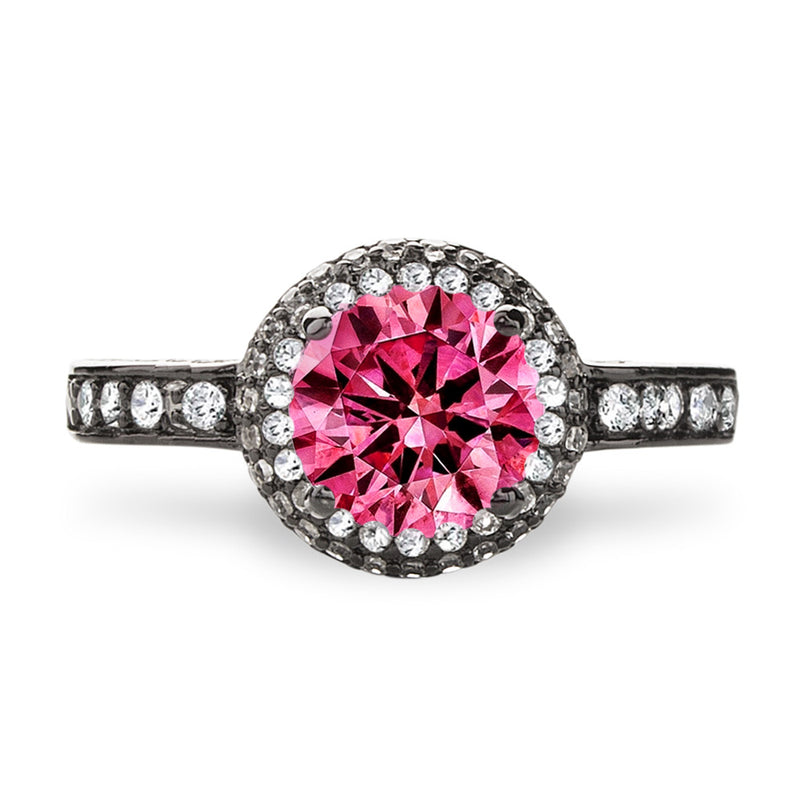 Bold Round Double Halo Lab Created Pink Sapphire Sterling Silver Ring in Black Gold