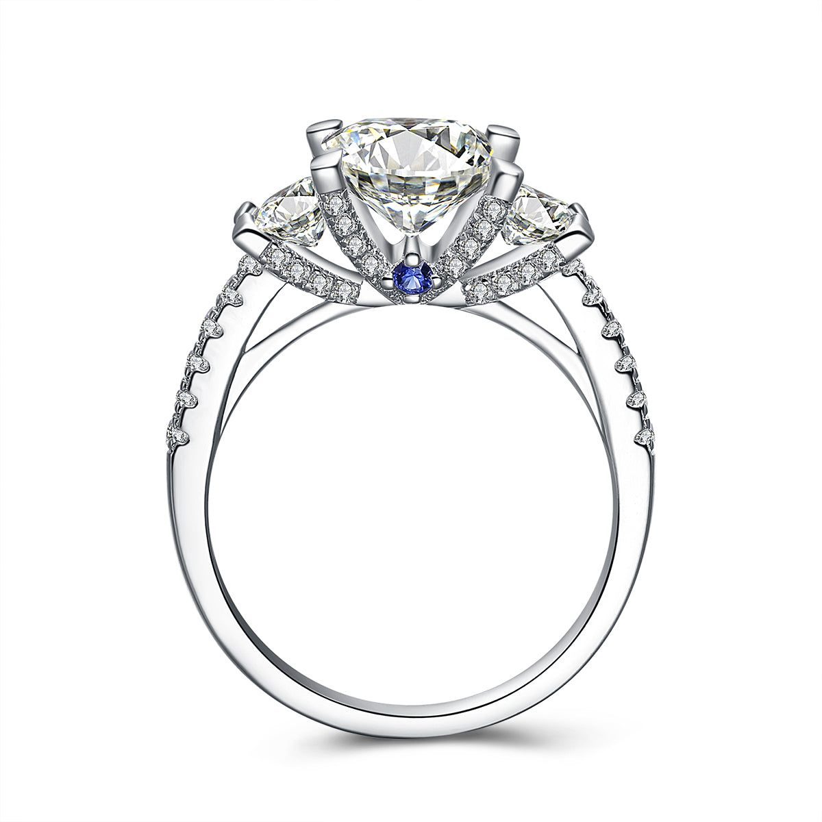 Trio Three Stone Princess-Cut Engagement Ring With Blue Sapphire Sterling Silver