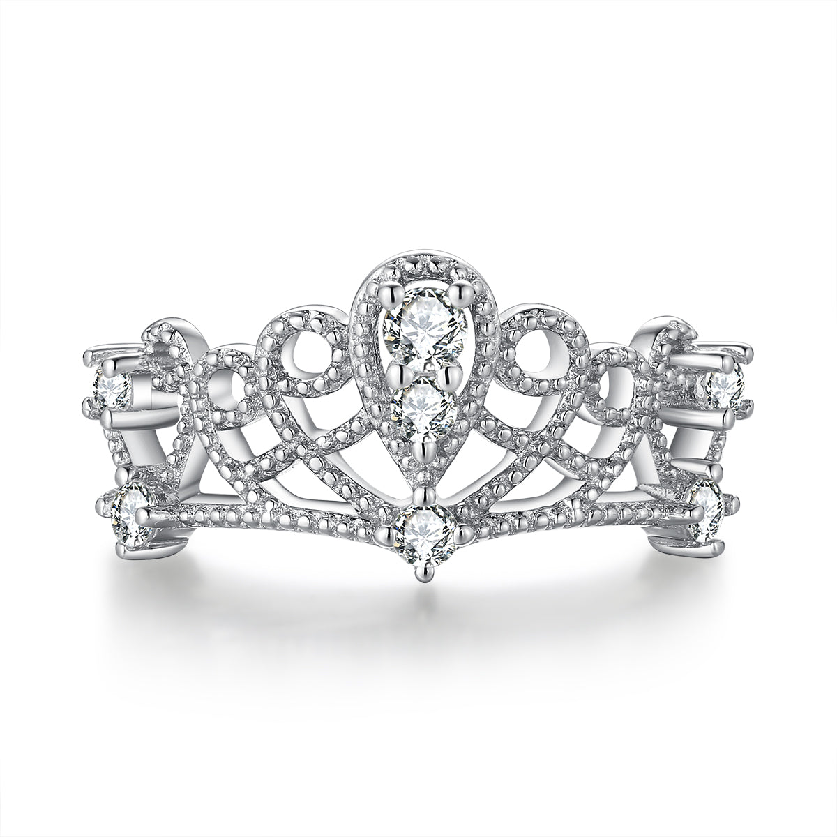 Belle Princess Crown Tiara Pear Cut Lab Created White Sapphire Ring Sterling Silver