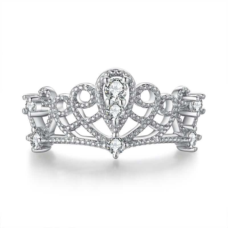 Belle Princess Crown Tiara Pear Cut Lab Created White Sapphire Ring in Sterling Silver