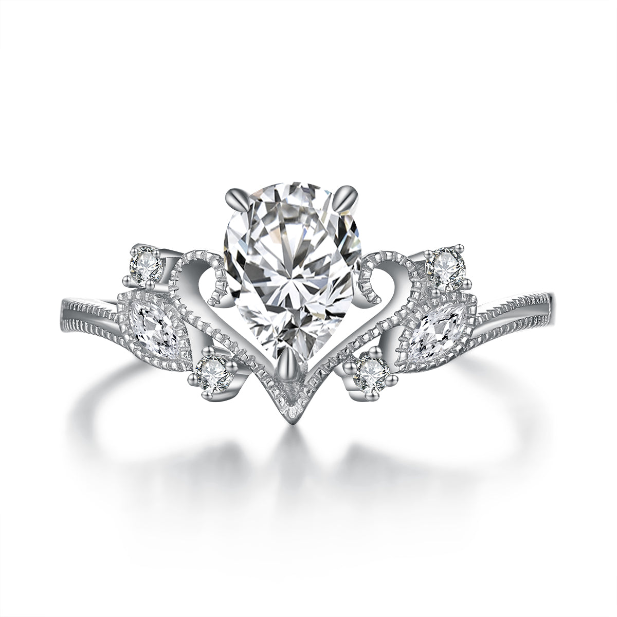 Inspire Princess Crown Tiara Pear Lab Created White Sapphire Ring Sterling Silver